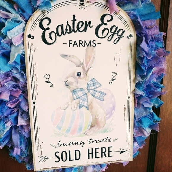 Hand Crafted Easter Bunny Egg Pastel Fabric Rag Wreath, Easter Egg Farms Sign - Picture 4 of 14